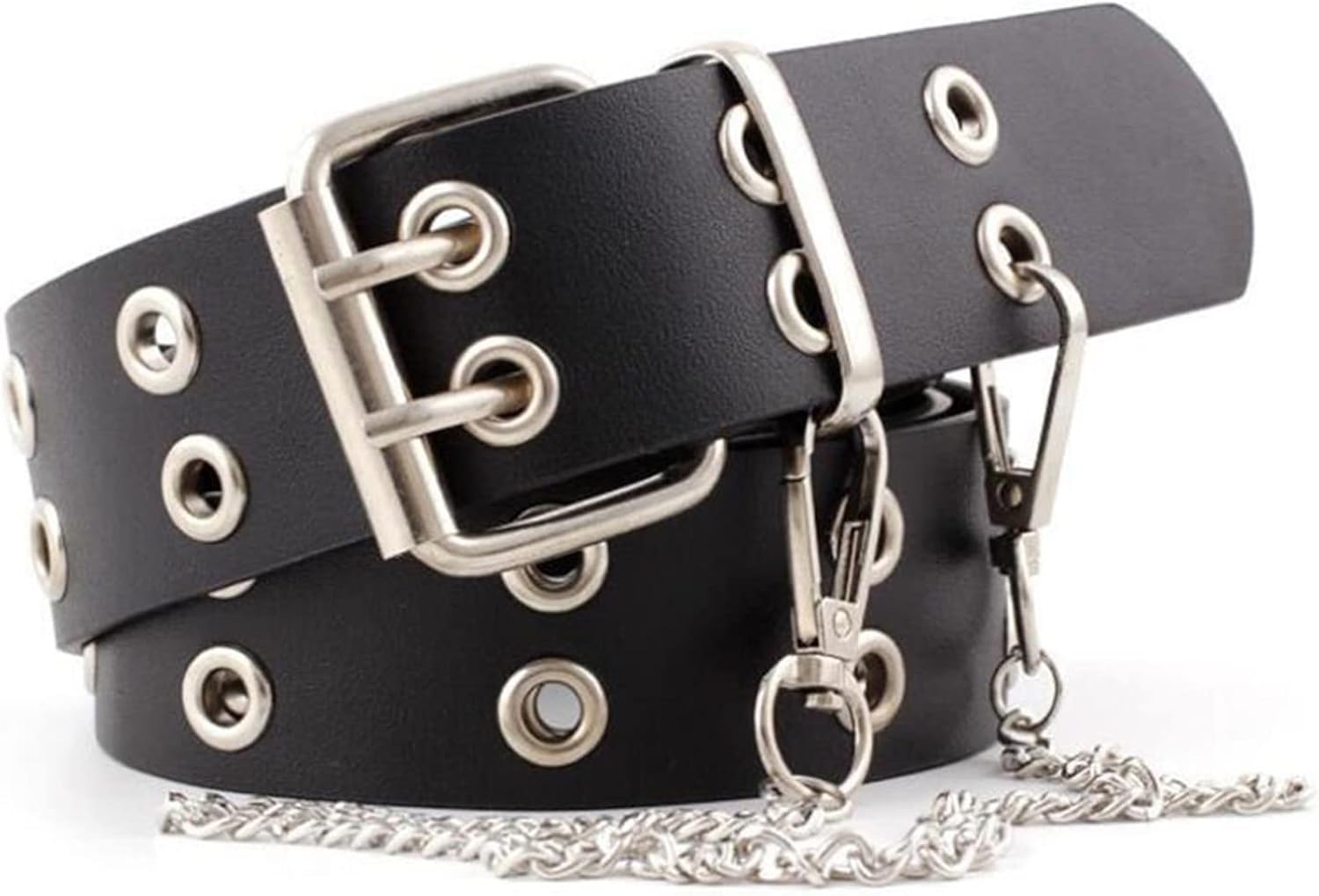 Sevenfly Double Grommet Belt,Eyelet Belt,Black Belt,PU Leather Punk