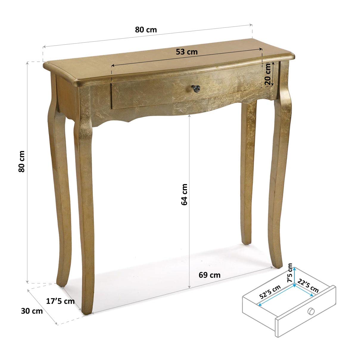 VERSA Cagliari Consolle Ingresso, Tavolo Consolle, Tavolino Ingresso, Tavolo Salotto, con 1 cassetto, Misure (A x L x l) 80 x 30 x 80 cm, Legno, Colore Dorato