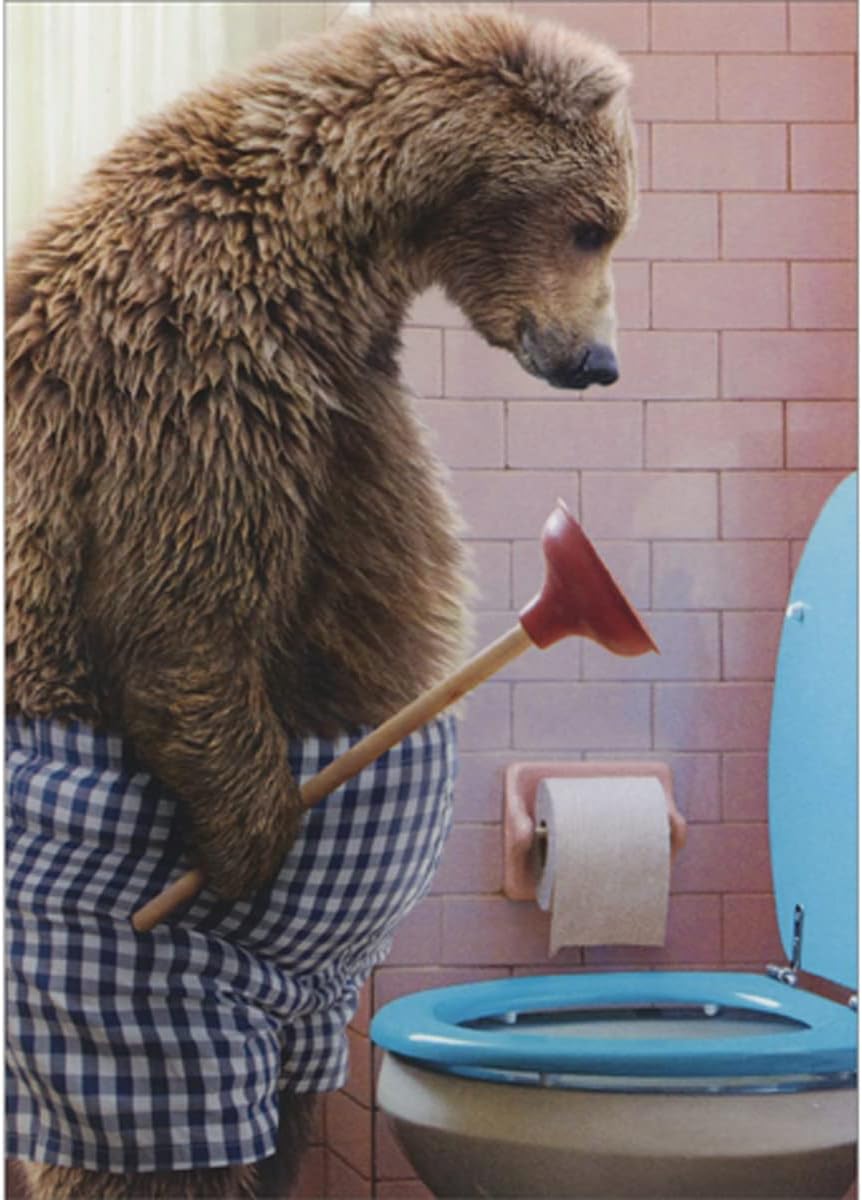 Bear Holding Toilet Plunger Over Blue Toilet Gross Funny/Humorous Birthday Card