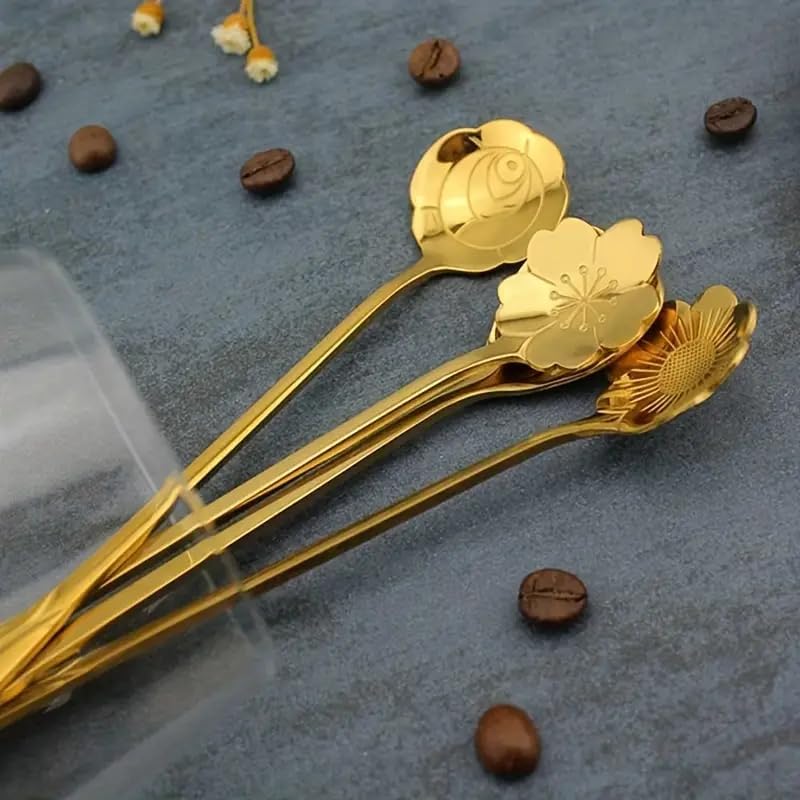 Image of Gold Tone Dessert Spoon Set with Decorative Flower and Heart Shaped Spoon Heads (Pack of 8)