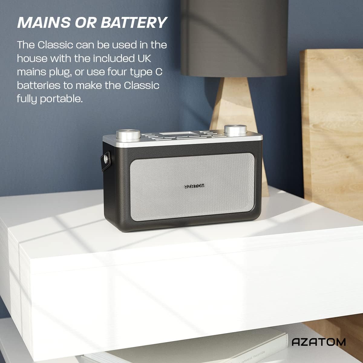 AZATOM Classic V1 radio showing mains or battery power