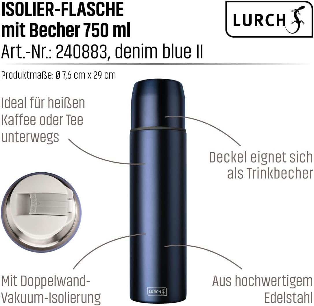 Lurch Insulated Flask for Hot and Cold Drinks Made of Double-Walled Stainless Steel with Mug 0.75 L Denim Blue II