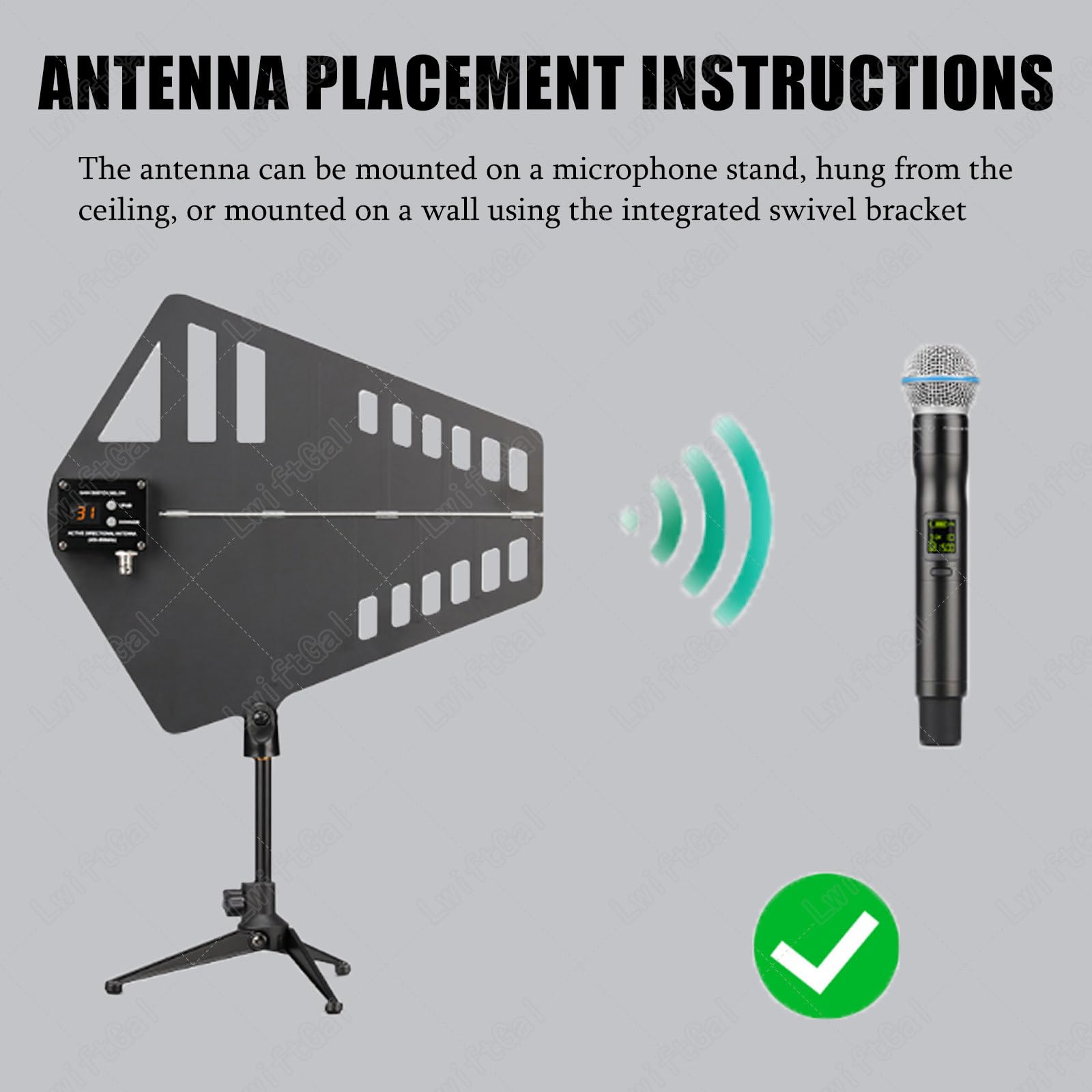 Sistema di distribuzione antenna UHF, guadagno regolabile a 31 bande, 8/16 canali, amplificatore di segnale microfono wireless con antenne direzionali attive