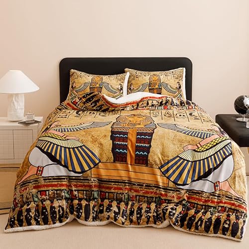 HOSIMA Bettbezug Aus Lammwolle – Superweicher Plüsch-Kunstfell-Bettbezug – ägyptischer Pharao-Totem-Druck, Bettwäsche-Set mit 1 Bettbezug und 1 Kissenbezug (Mama S)