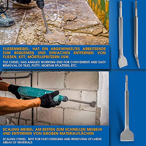 S&R Meister Dłuto SDS Plus Set 4 szt. - do płytek, betonu, kamienia, muru, tynku itp. - 1 dłuto spiczaste, 1 dłuto płaskie, 2 dłuta do płytek - kątowe i proste