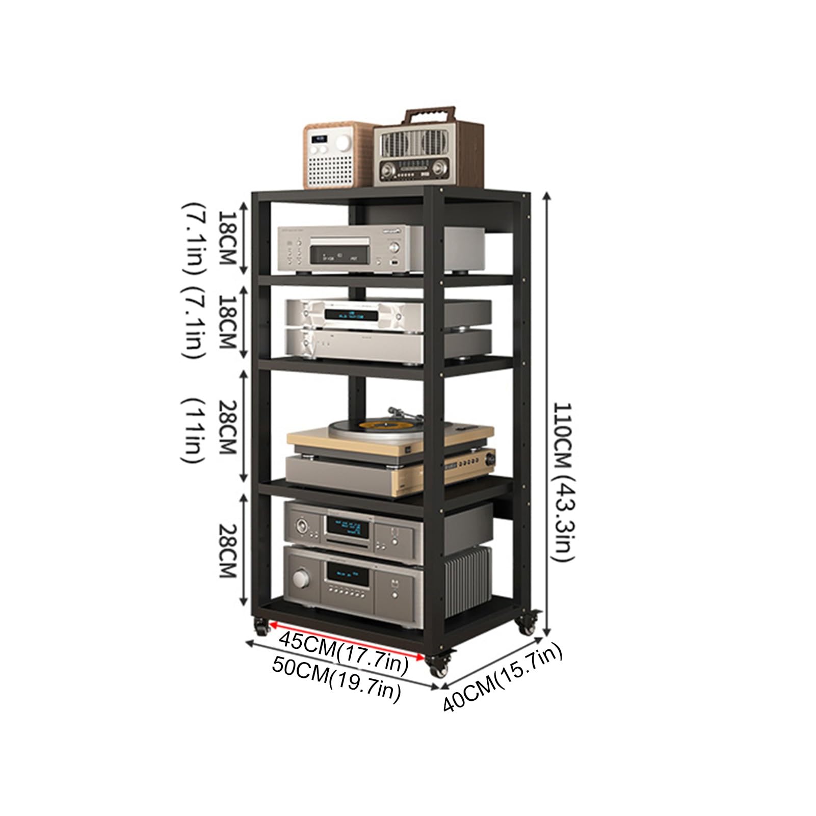 5-Tier Movable AV Media Stand TV Corner Shelves CD Player Stand Stereo Rack Audio Video Components Cabinet with Height Adjustable Steel Shelf for Home/Office/Theater, Black (Size : 55x50cm(21.7x19.7