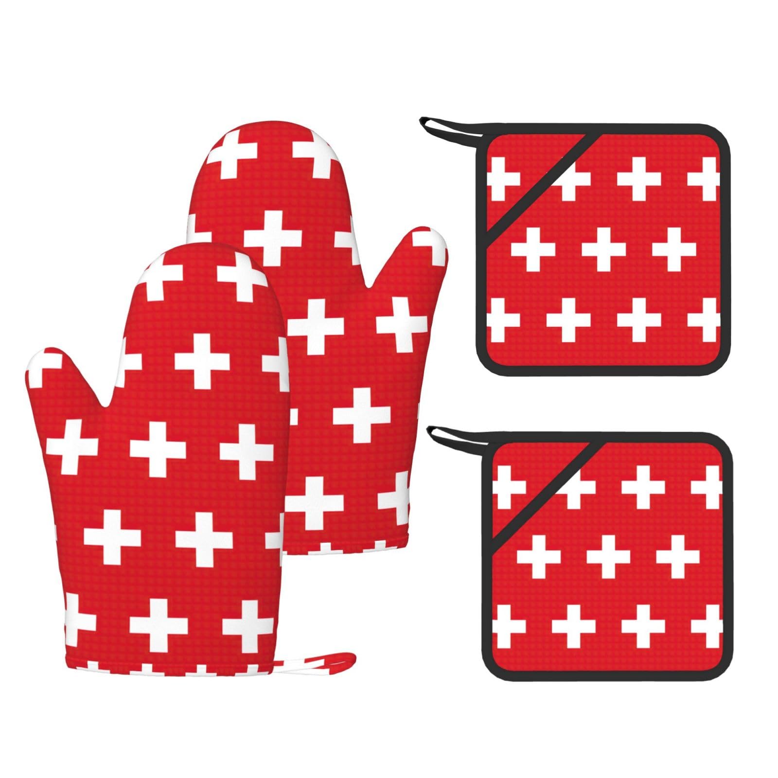 Swiss Flag Printed Kitchen Oven Gloves and Potholder 4 Pcs, Non-Slip Heat Resistant Mitts for Baking Chef