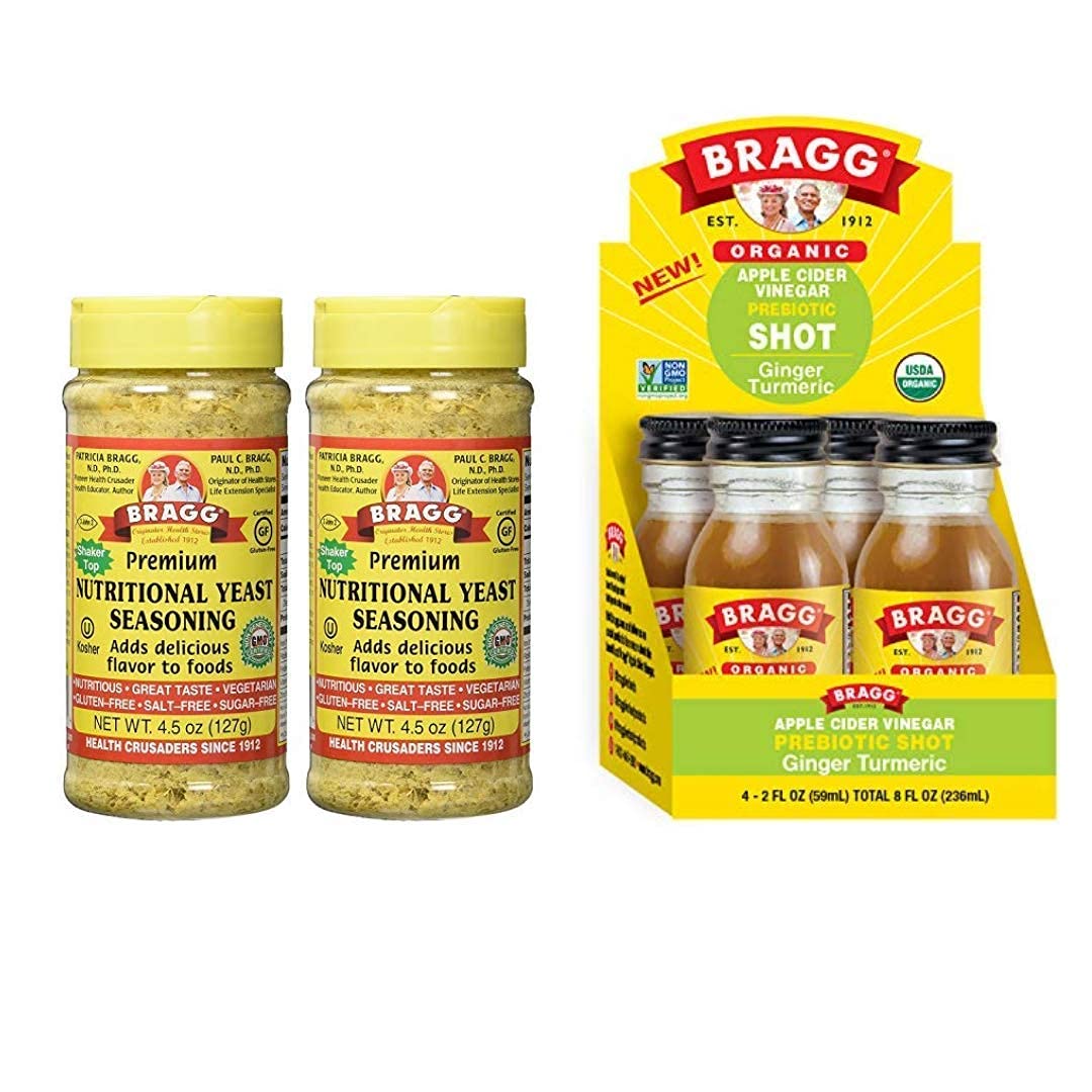 Bragg Nutritional Yeast Seasoning 4.5 Oz Pack of 2 and Bragg Organic Apple Cider Vinegar Shot with G