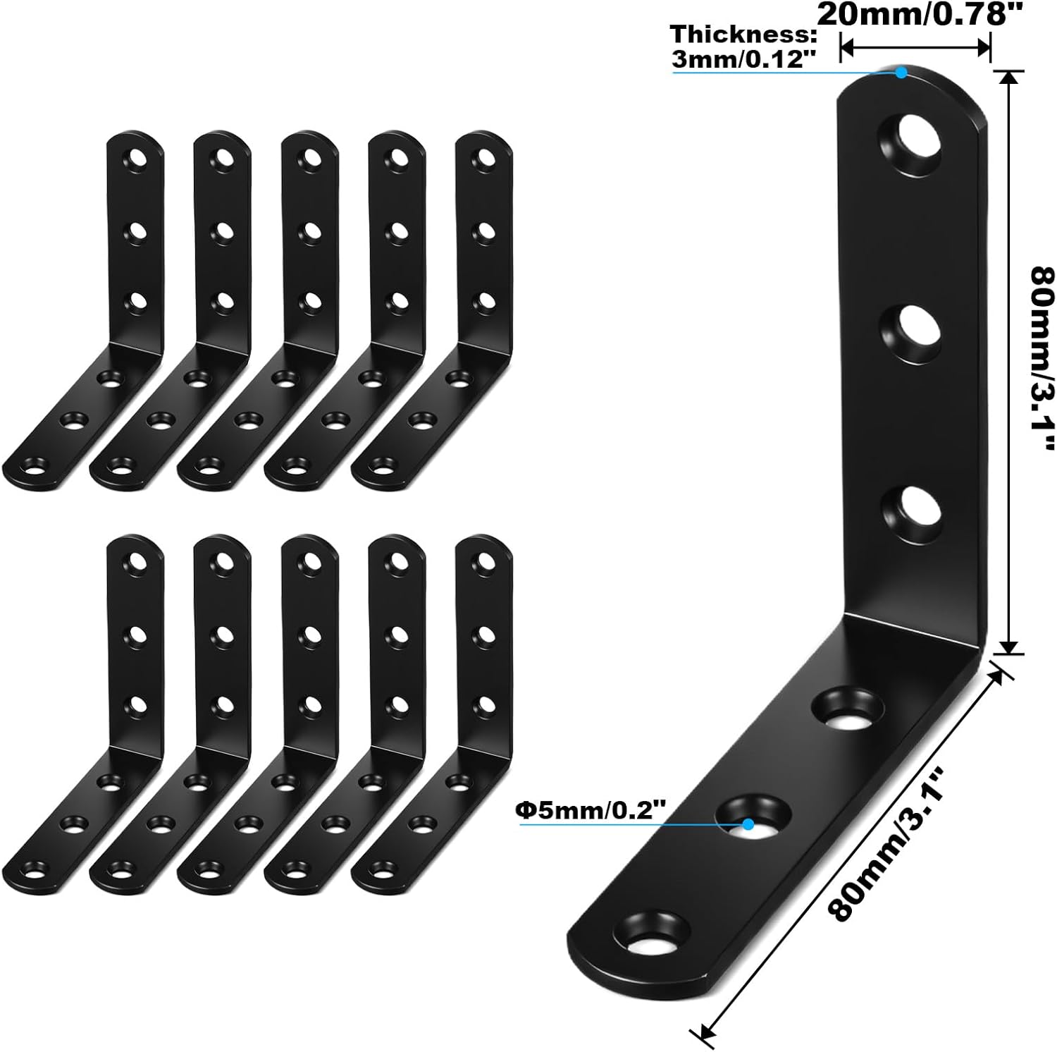 20 PCS Black L Brackets 3.1"x 3.1", Heavy Duty Corner Braces Right Angle Brackets 80 X 80 MM for Wood Chair Bookshelf Cabinets Furniture, Included 120 Screws