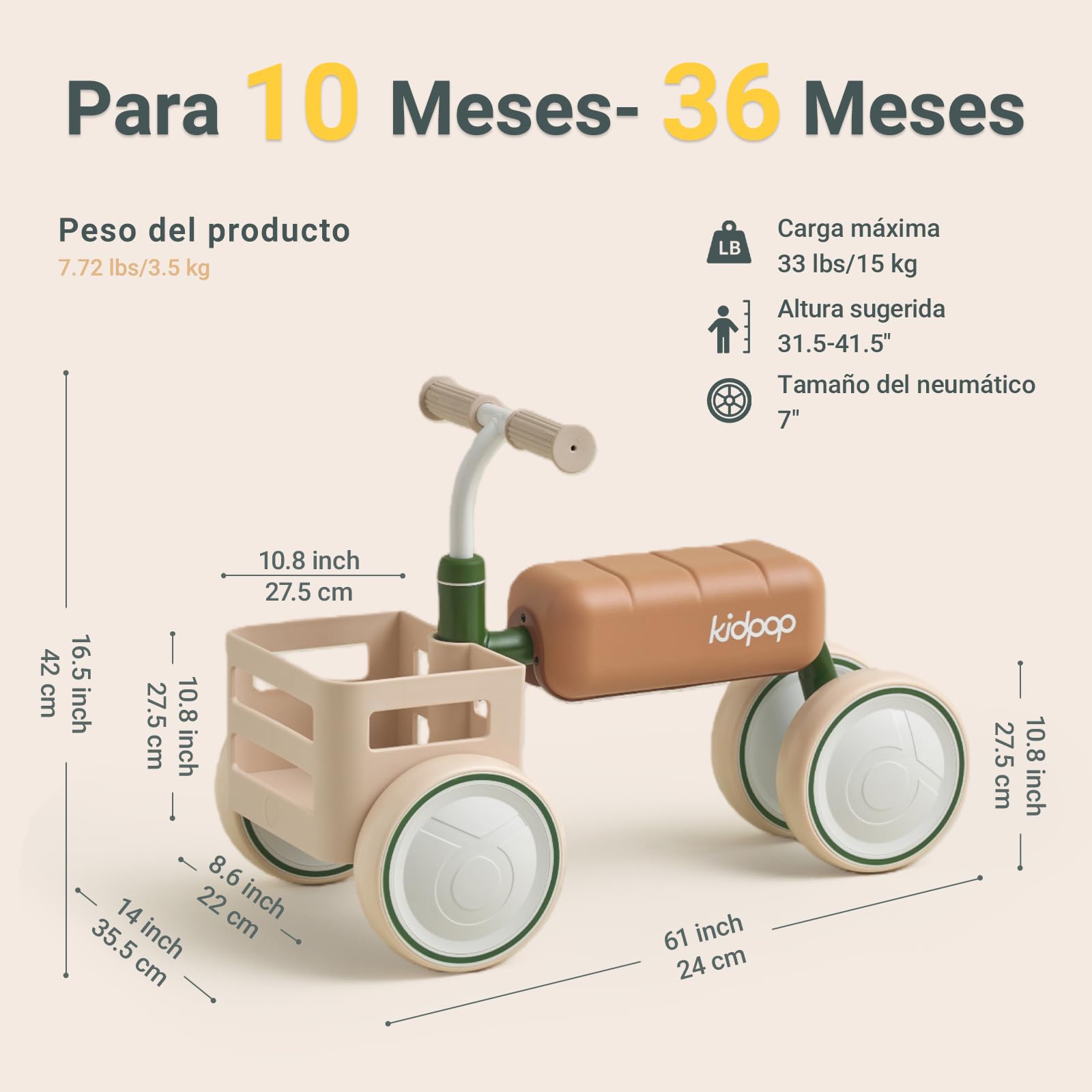 Kidpop Toast Bicicleta sin Pedales, Bicicleta de Equilibrio, Juguete Bebés de 10 a 36 Meses, 4 Ruedas de EVA, Cesta extraíble Apta para Alimentos, Asiento Desmontable, Verde