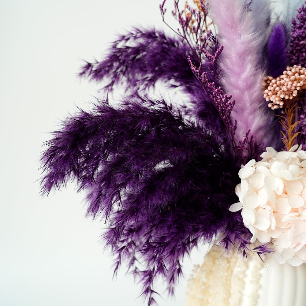 Natural Dried Pampas Grass Bouquet with Black Ceramic Vase, 17" Tall Boho Home Decor for Wedding Easter Table Centerpiece Housewarming Gift (Purple)