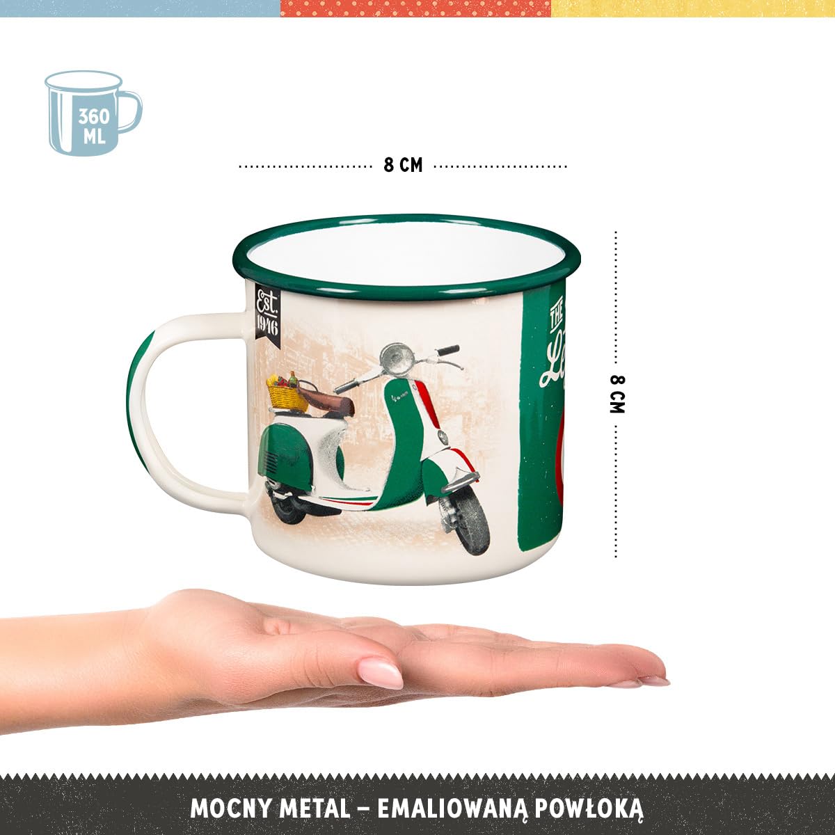 Nostalgic-Art Retro kubek emaliowany, 360 ml, Vespa – Italian Legend – Pomysł na prezent dla miłośników skuterów, Official License Product (OLP), kubek kempingowy na kawę, Styl vintage