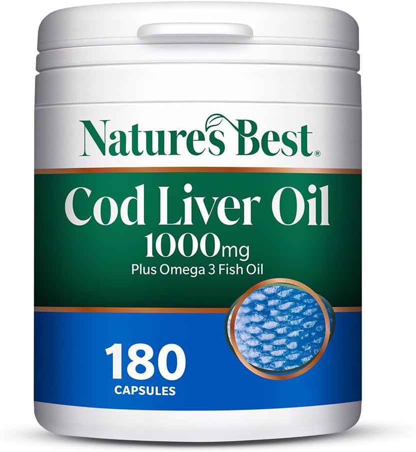 Cod Liver Oil 1000mg - 280mg of Pure Omega 3 & 10µg Vitamin D3 per Capsule - Supports Muscles, Teeth, Heart & Blood Pressure - Taste-Free - UK Made - 180 Capsules (6 Months' Supply)