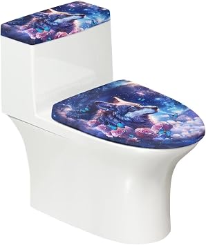Galaxy Wolf Stretch Toilet Lid Cover Elongated, Rose Butterfly Toilet Seat Cover for Bathroom, Washable Soft Toilet Cover, Fits Most Toilet Lids and Tank