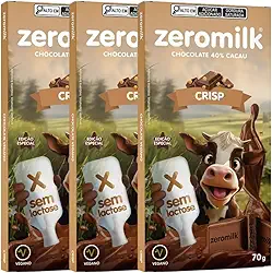 Kit com 3 Tabletes de Chocolate Vegano 40% Cacau com Flocos de Arroz (Crisp) de 70g cada - Zeromilk