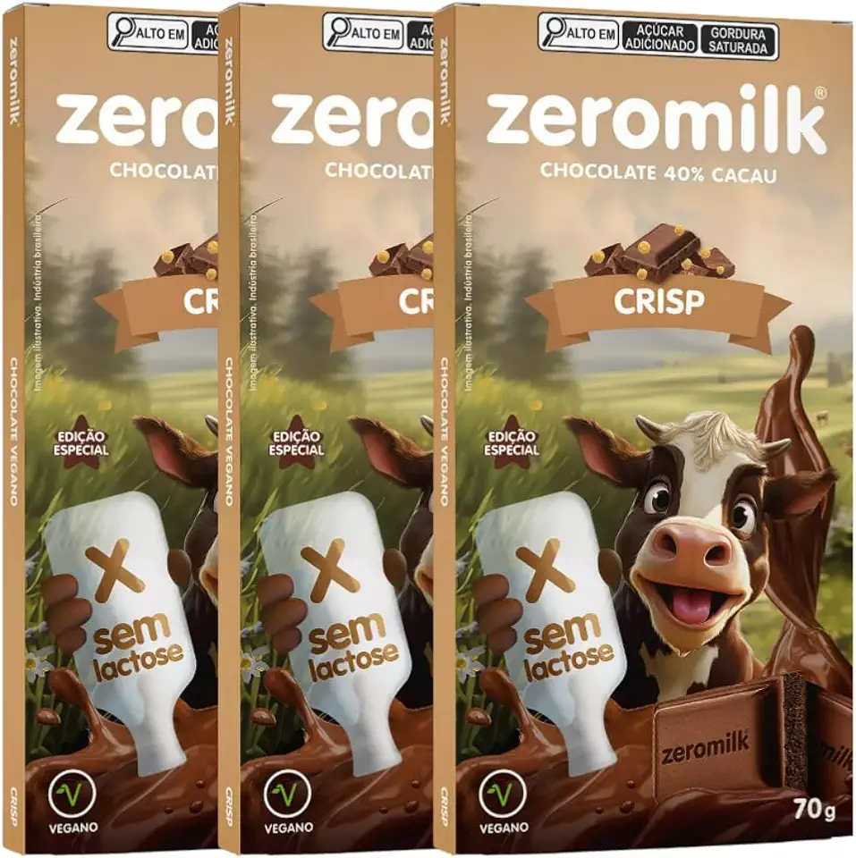 Kit com 3 Tabletes de Chocolate Vegano 40% Cacau com Flocos de Arroz (Crisp) de 70g cada - Zeromilk