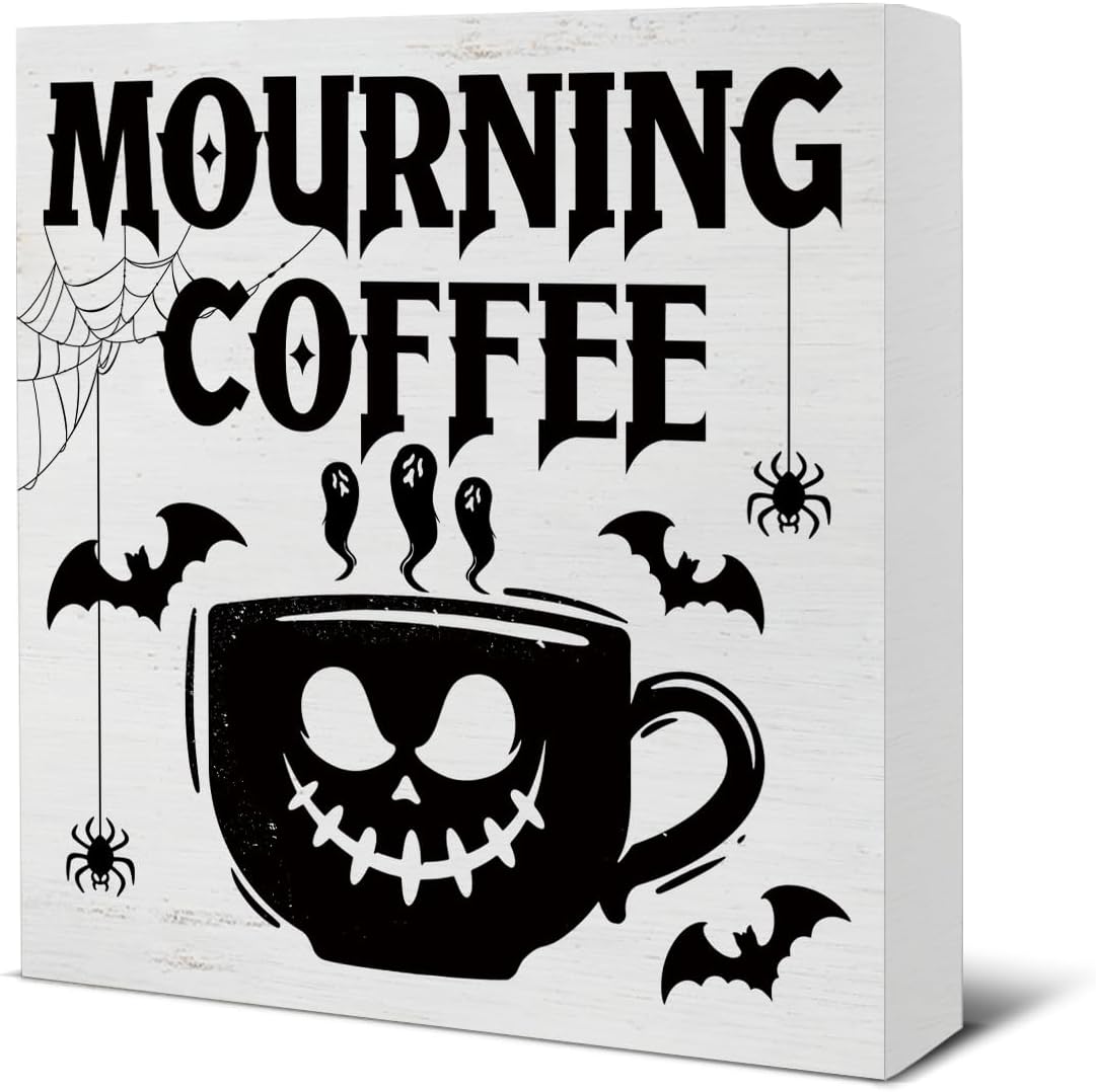 Halloween Decorations Halloween Kitchen Decor Mourning Coffee Wooden Sign Halloween Decorations Indoor for Desk Table Shelf 5 X 5 Inches