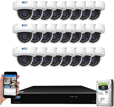 GW 4K 3840x2160 @30fps Real-time 32 Channel Security Camera System with 24 8MP AI Facial Recognition/Human/Vehicle Detection 5X Optical Motorized Zoom PoE IP Dome Cameras