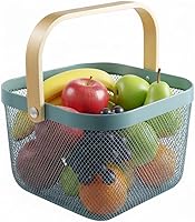 Vista 12 de Cesta organizadora de almacenamiento de acero de malla, cesta de frutas con mango de madera, ideal para cocina, baño, cestas de picnic, despensa