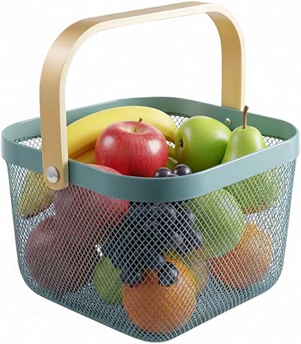 Miniatura 12 de Cesta organizadora de almacenamiento de malla de acero, cesta de frutas con mango de madera, ideal para cocina, baño, picnic, despensa, armarios