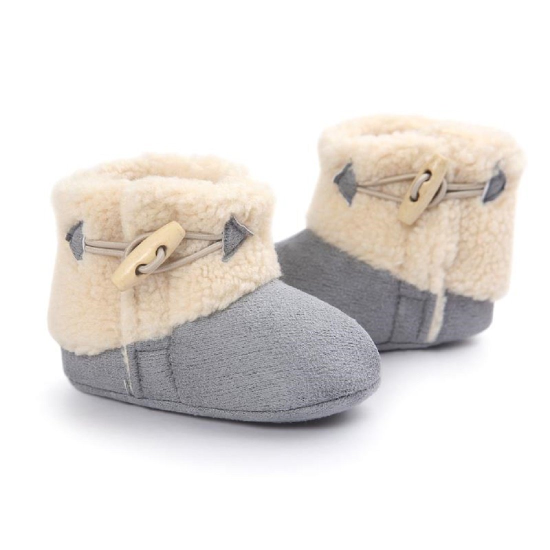Miya Super Süß Baby Lammfell Stiefel, rutschfeste Lauflernschuhe, warm Winter Plüschschuhe, weich, warm und schön, 6~12 Monate，Grau/weinrot/beige