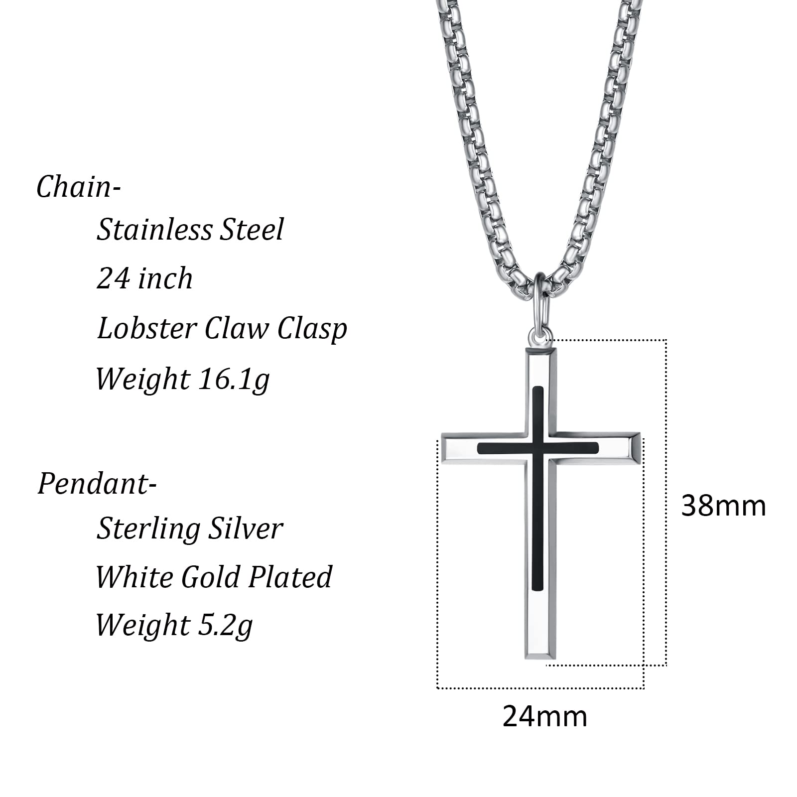 FANCIME Collar de Hombre con Colgante de Cruz Negra para Hombre Niños de Plata de Ley 925 Chapada Oro Blanco con Cadena de Acero Inoxidable Joyería para Él Niños - Longitud Cadena: 60 cm