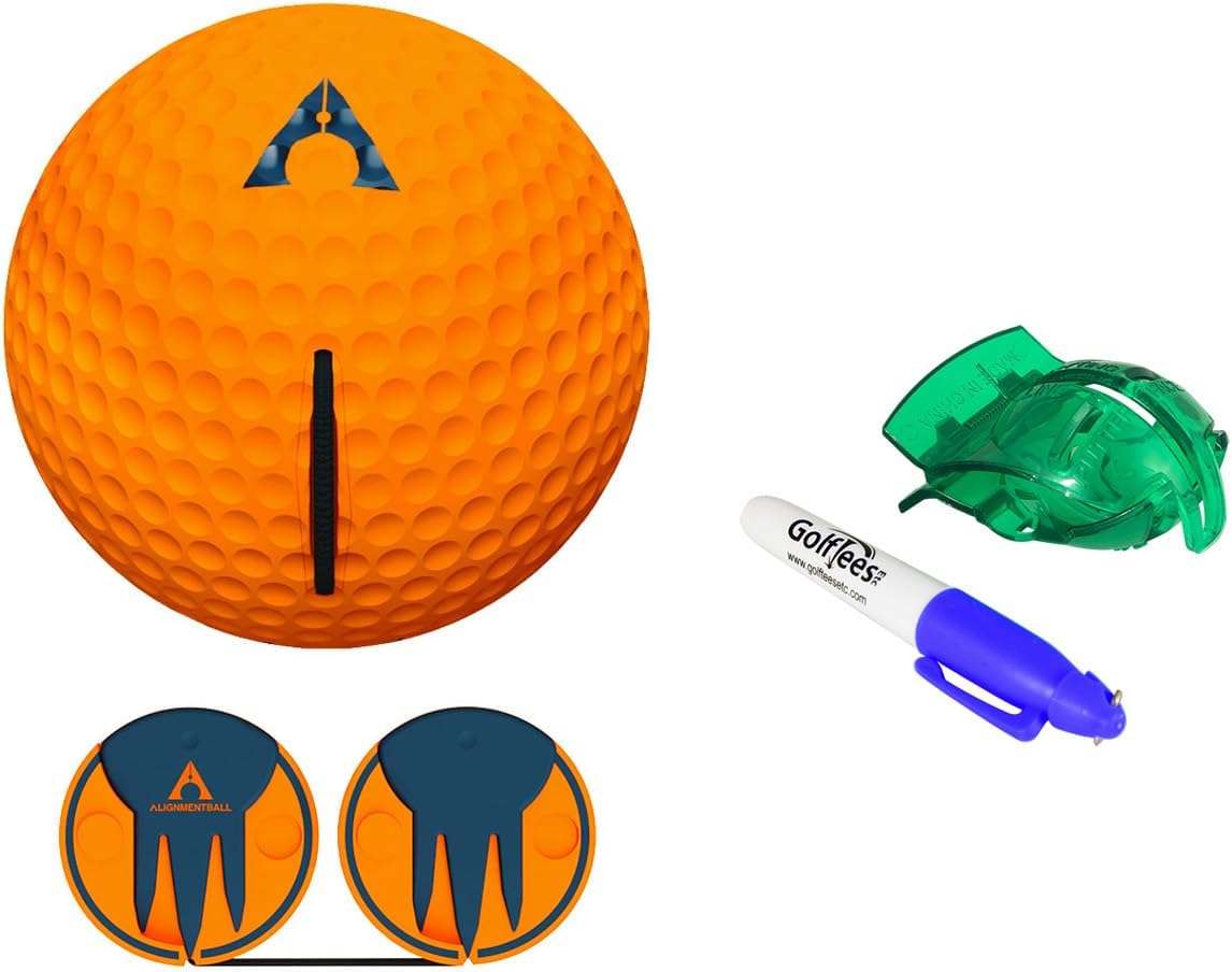 The Alignment Ball - Golf Training Aid for Setup & Alignment - Alternative to Sticks/Rods. Bundle with Golf Ball Alignment Stencil & Pen