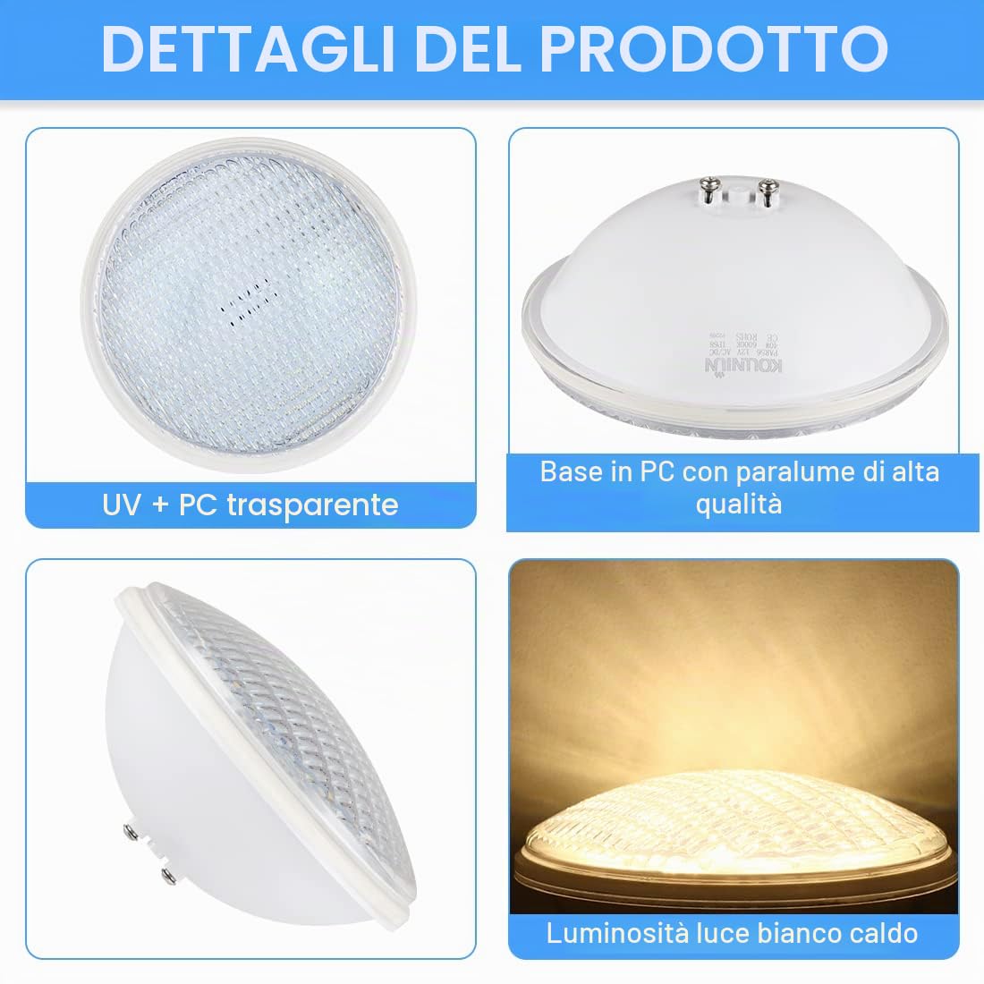 Illuminazione a LED per piscina, PAR56, IP68, impermeabile, 40 W, luce bianca calda, illuminazione subacquea, 12 V AC/DC, per paesaggio, giardino, fontana