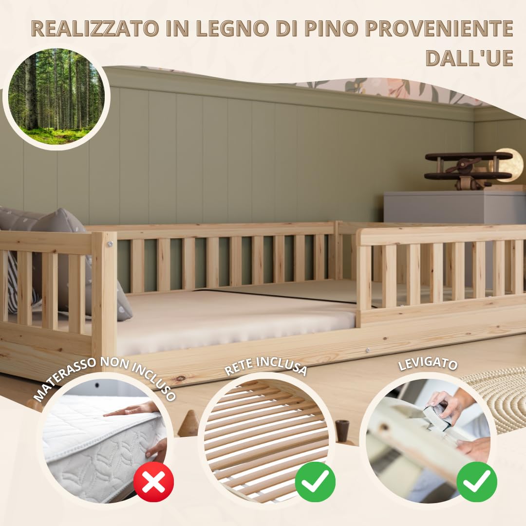 Letto per Bambini 190x90 cm – Letto Montessori a Pavimento in Legno Massiccio con Barriera – Sicuro per Bambini Piccoli – Design Scandinavo - Crazy Basic