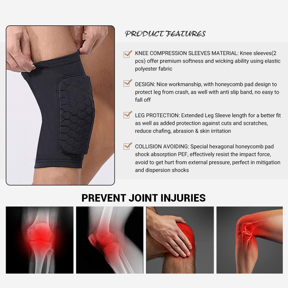 PISIQI HEROBIKER Rodilleras de protección, compresión Hexagonal para Evitar colisiones, Rodilleras para Voleibol, Baloncesto, fútbol y Todos los Deportes de Contacto (2 Mangas), Large, Negro