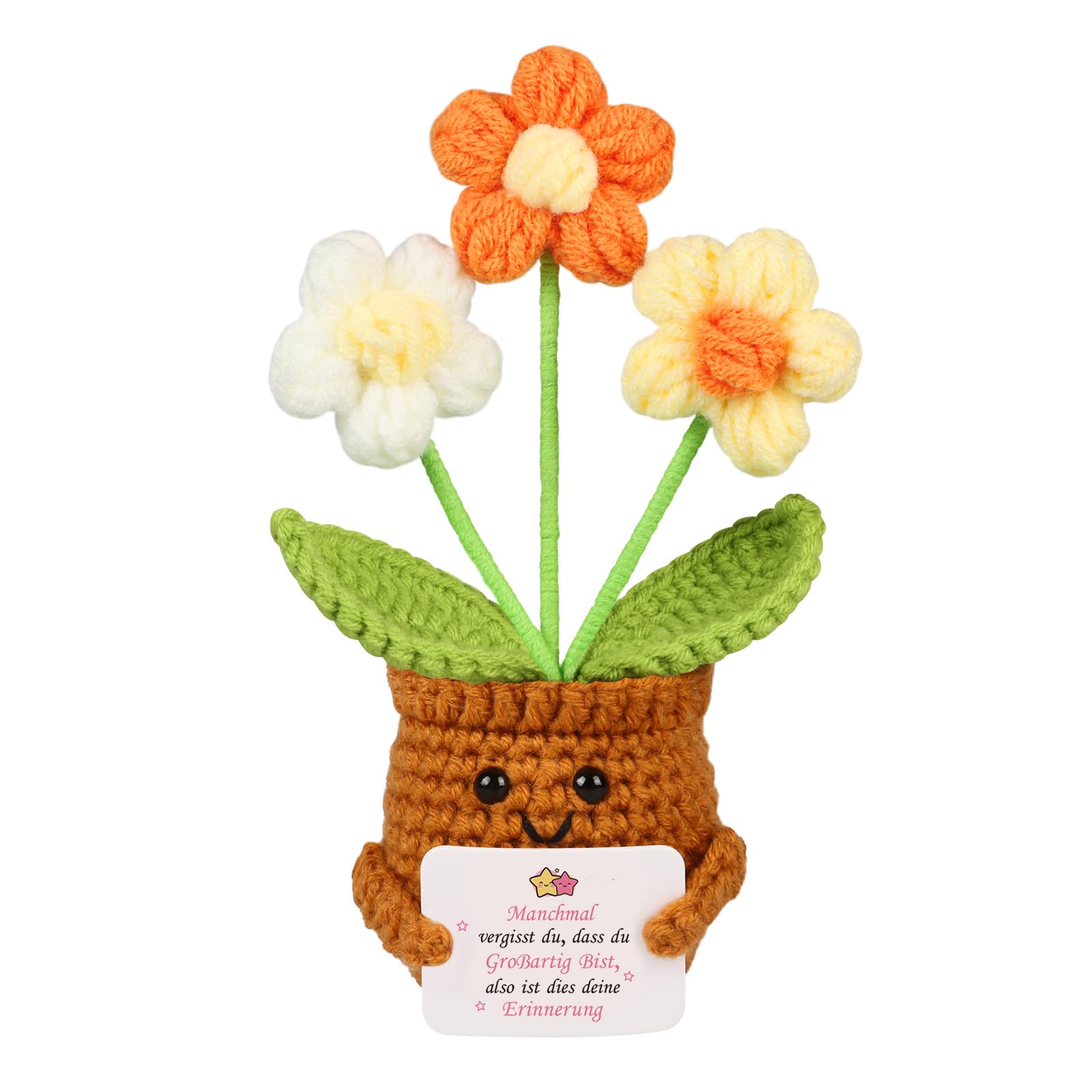 WenmthG Pocket Hug Glücksbringer Gestrickte Gelbe Blumen Anti Stress Kleines Dankeschön Geschenk für Schwester Freundin Frauen Kollegen, Beste Freundin Geschenke Positive Kartoffel Deutsch Ersatz