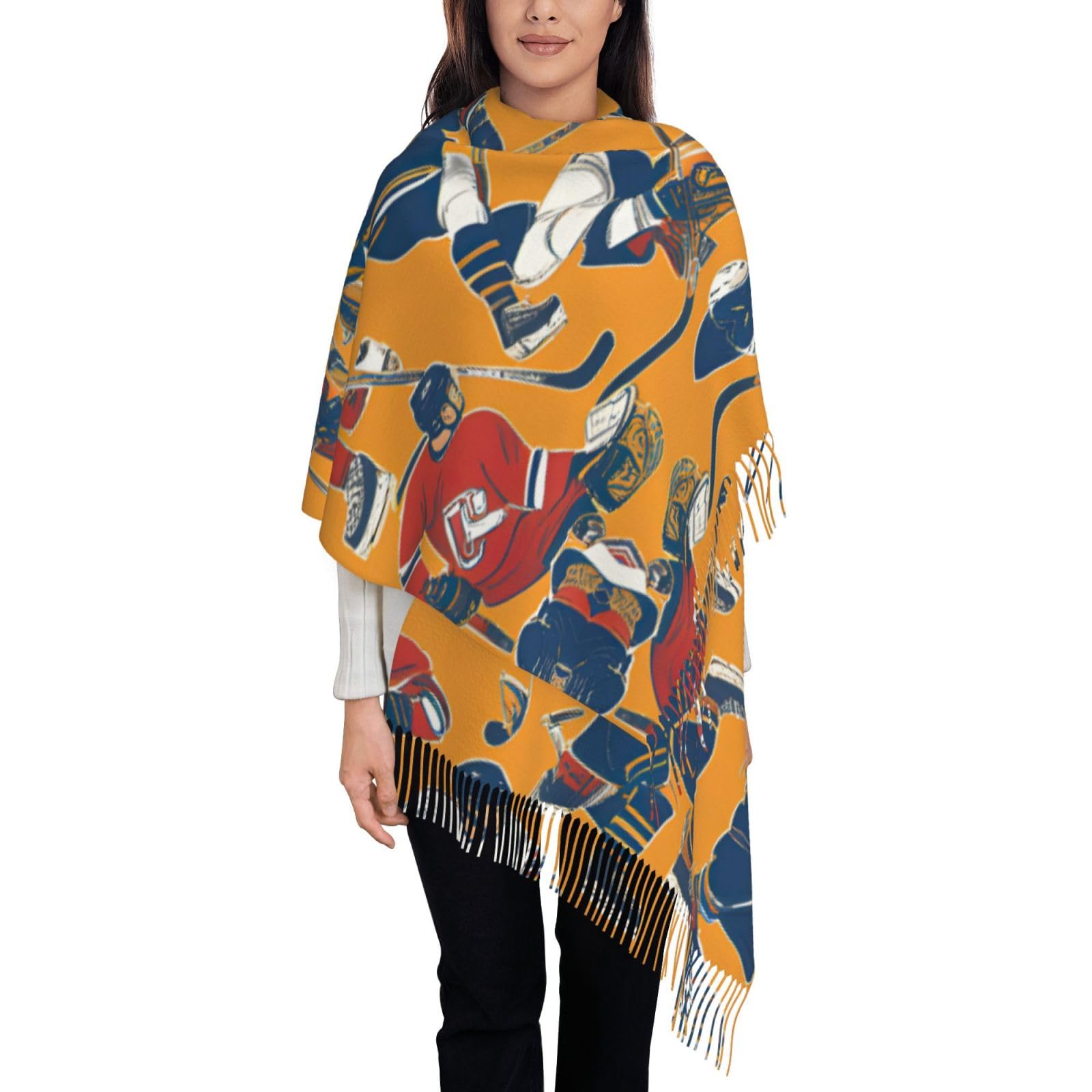 Ggasdvjj Women's Black Autumn And Winter Hockey Print Scarf,Fashionable Warm Scarf,Imitation Cashmere Long Shawl.