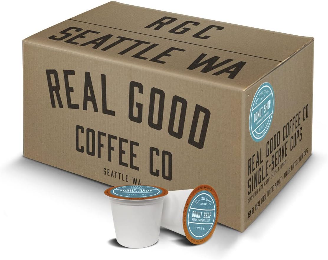 Real Good Coffee CompanySingle Use Coffee Pods - Donut Shop Medium Roast Coffee - K-Cup Compatible including Keurig 2.0 Brewers - Recyclable Cups and Packaging - 72 Count