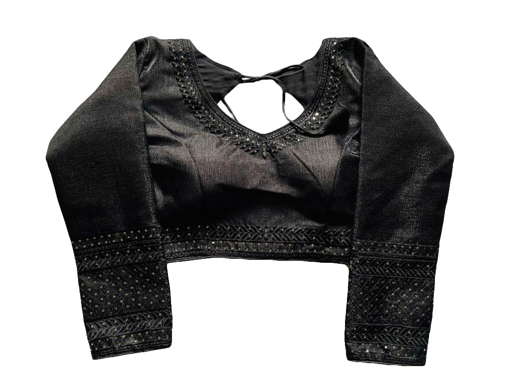 Vihu Fashion Milan Silk Full Sleeve V Neck Multi Embroidery Trendy Saree Blouse(Rukmini Black 42)