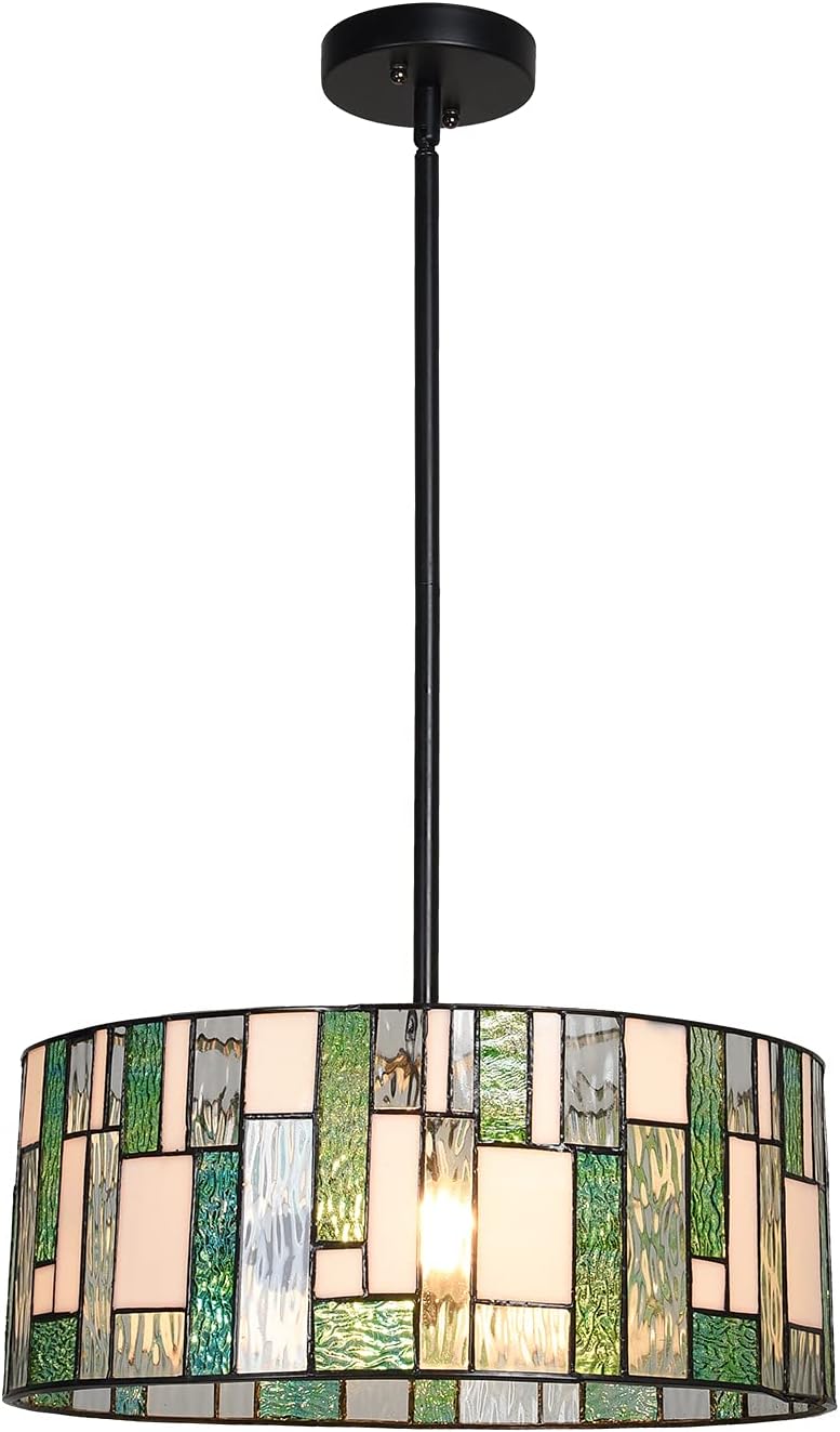 ARTZONE Tiffany Pendant Light, 16" Wide Modern Style Stained Glass Round Hanging Lamp for Kitchen Island, Dining Room, Foyer