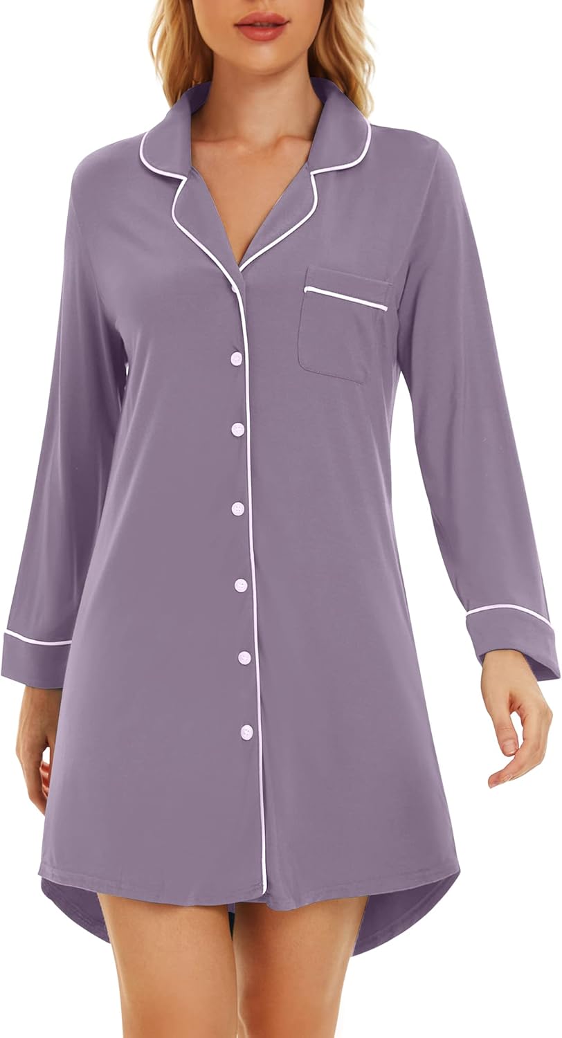WiWi Super Soft Cooling Nightgowns for Women Bamboo Viscose Long Sleeve Sleep Shirt Button Down Boyfriend Sleepwear S-XXL - Image 4