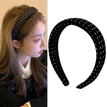 Kefley Wide Satin Padded Headband for Womens Hair Black French Vintage Polka Dot Headband Hair Hoop Soft Thick Puffy Headbands Hairband Non Slip Silk Padded Hairbands 50s Outfit Hair Accessories