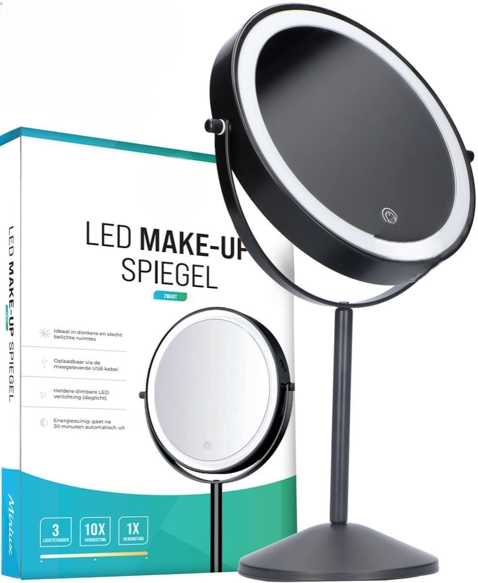 Mirlux Black Make Up Mirror With Led Lighting - 10X Magnification - Shaving Mirror - 3 Light Modes - Rechargeable