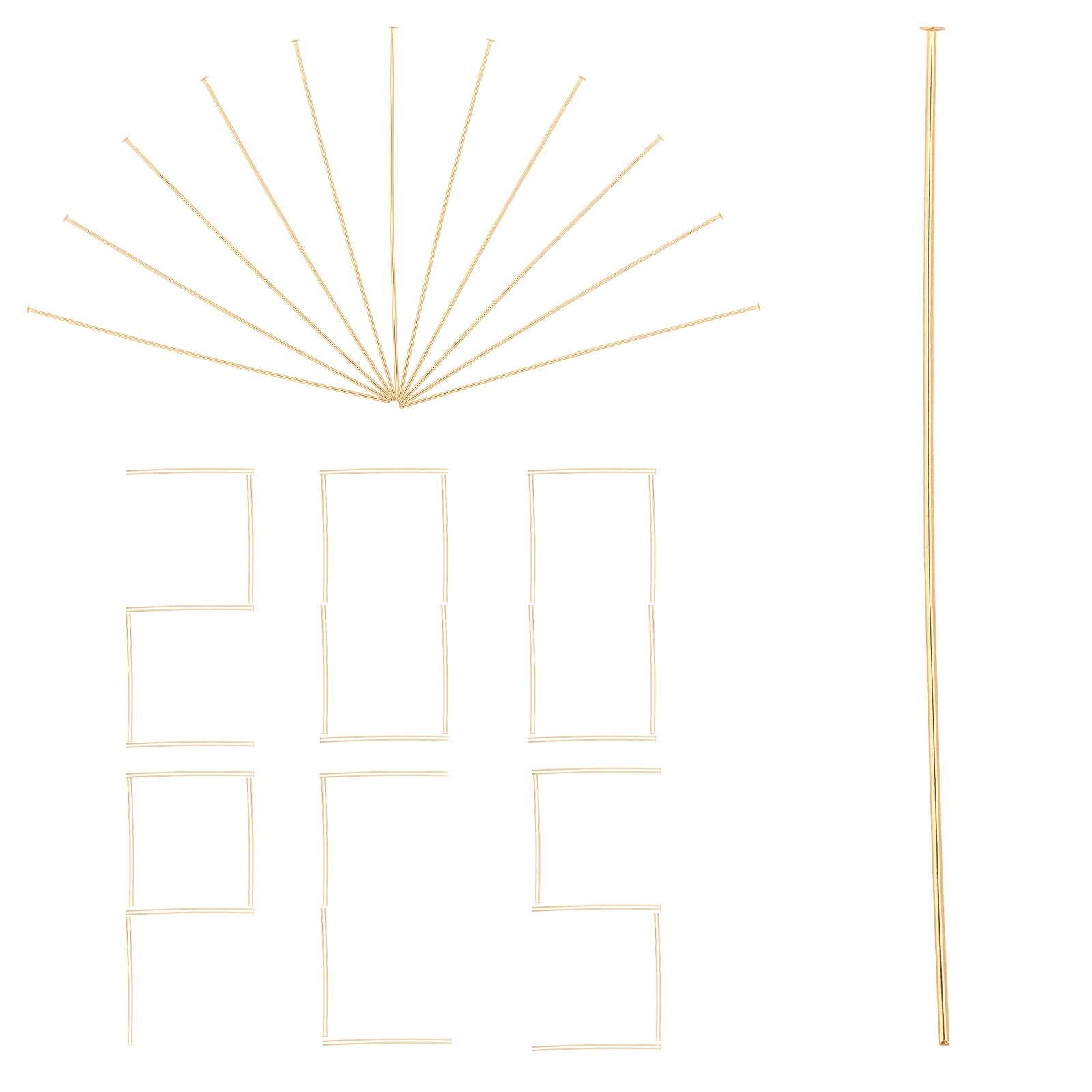 CREATCABIN 1 Box 200Pcs Gold Flat Head Pins T Style Headpins 18K Gold Plated Open Eye Beads Beading Brass Straight End Wire Needles for DIY Jewelry Making Earrings Bracelets Findings