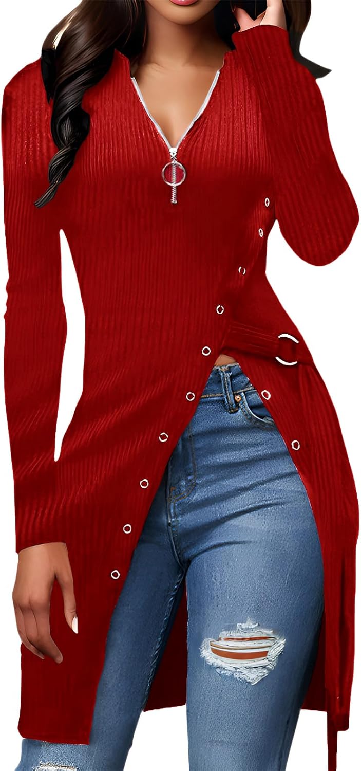 Glozeplus Sexy Sweaters For Women Long Sleeve Tunics Zip Up Ribbed Tops Knit Side Split Asymmetrical Blouse Top