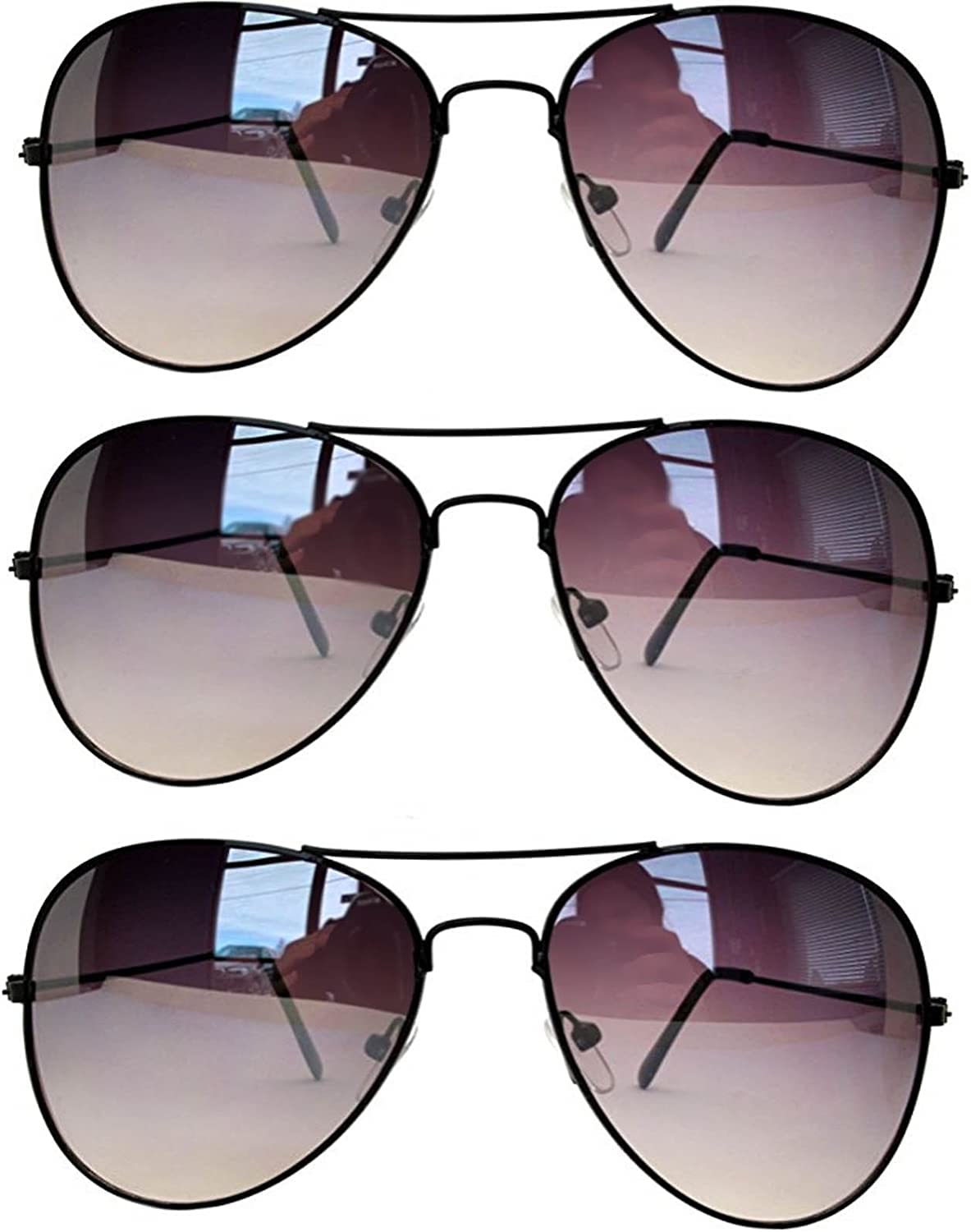 OWL Set of 3 Pack Aviator Style Sunglasses Colored Metal Frame Mirror Lens Smoke Lens