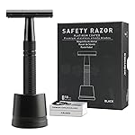 Double Edge Safety Razor with Stand, Single Blade Razors for Men and Women, Reusable Metal Razor, with 10 Stainless Steel Double Edge Blades, Smooth and Close Shave, Plastic Free, Matte Black