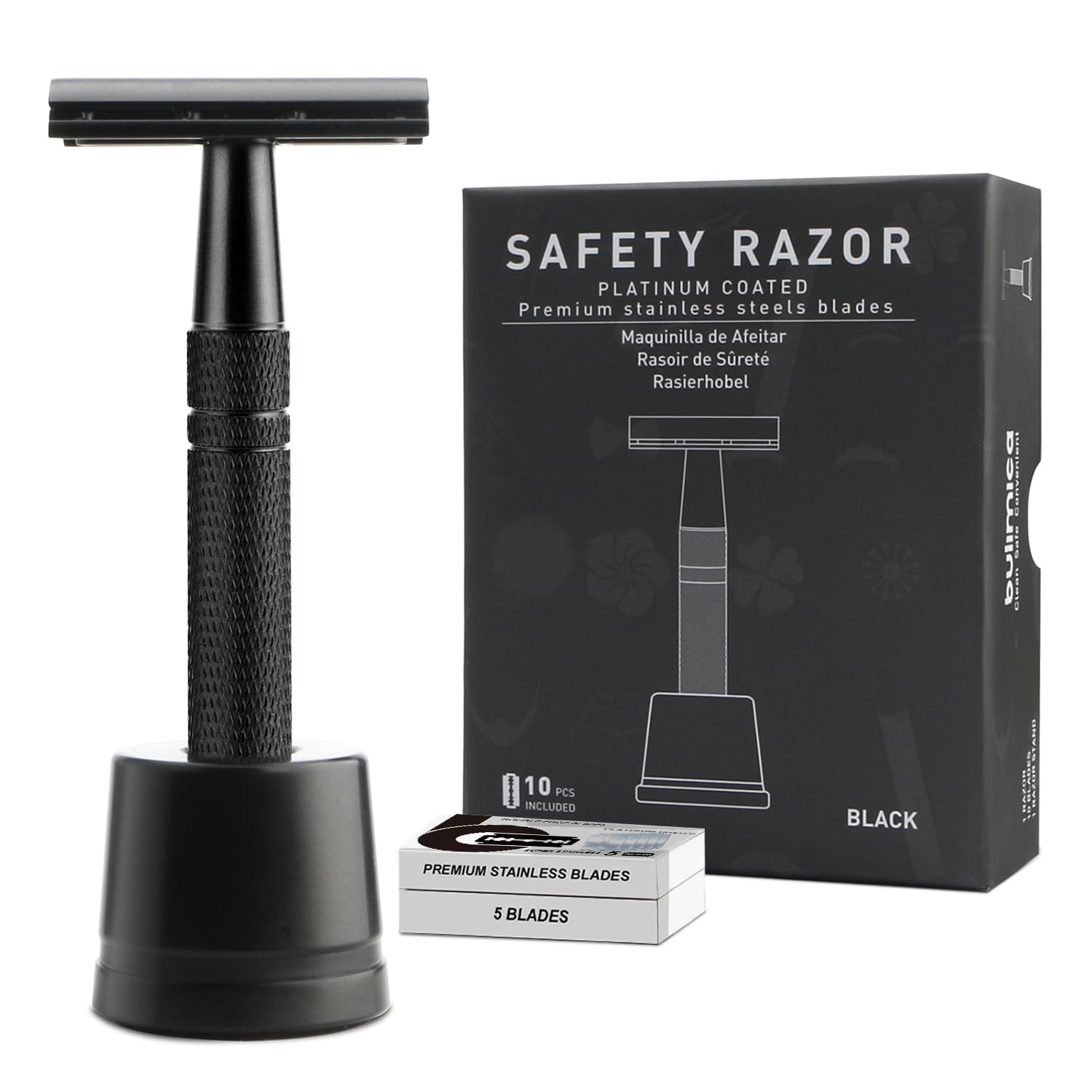 Double Edge Safety Razor with Stand, Single Blade Razors for Men and Women, Reusable Metal Razor, with 10 Stainless Steel Double Edge Blades, Smooth and Close Shave, Plastic Free, Matte Black