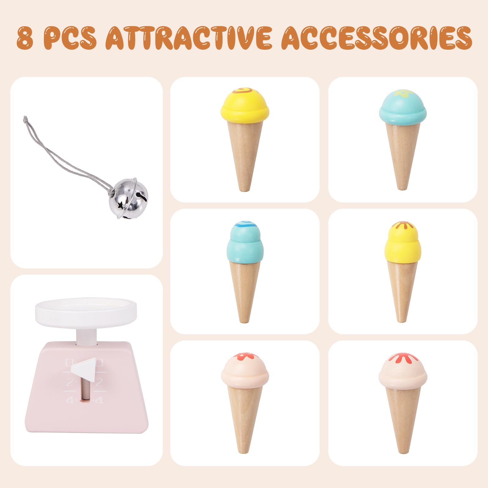 HOMASIS Chariot à Glace pour Enfants avec Accessoires, Magasin de 6 Jouets, Crème Glacée, Roues Mobiles et Auvent, Chariot de Courses en Bois, Maison de Poupée, Kit de Jeu pour 3 Ans et+ (Blanc)
