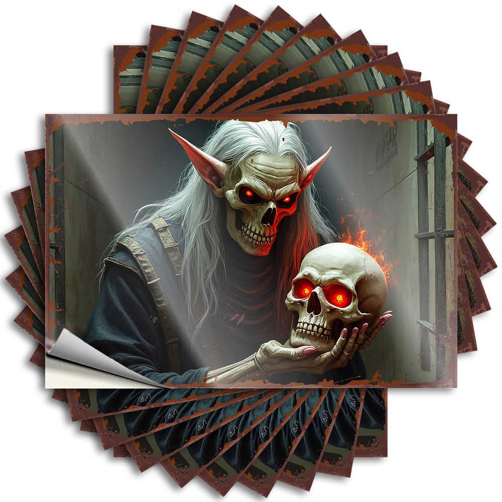 Fzfn Colour Tattoos Tiki Bar Decor Waterproof Vinyl Sticker | Evil Wizard Holding Fiery Skull Aesthetic Case For Boss Diy Projects(6X9cm)