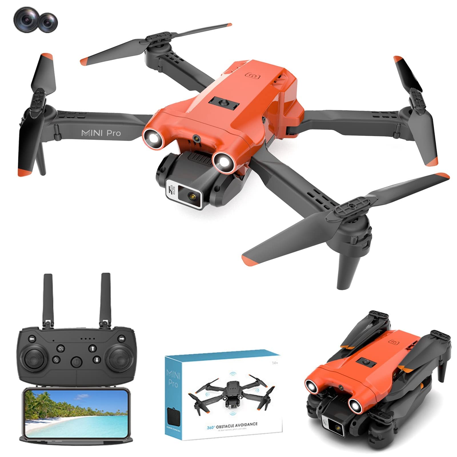 GuyAna Drone con Fotocamera 1080P per Adulti e Bambini, quadricottero Pieghevole con Telecomando FPV con Posizionamento del Flusso Ottico, Rollover a 360°, Regolazione fine a Quattro Vie,