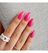 Press on Nails Hot Pink Medium Almond Gel Acrylic Fake Nails, Natural Fit Reusable Nail Art Kit F...