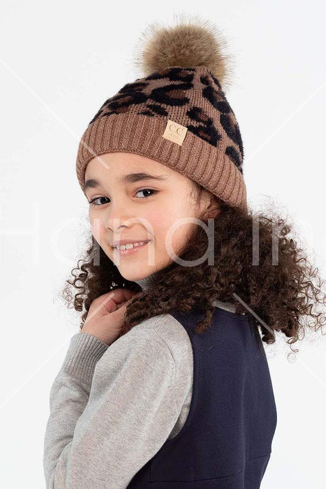 ScarvesMe Exclusive Kids Leopard Animal Knit Warm Winter Beanie Skull Cap Hat with Pom (Beige)