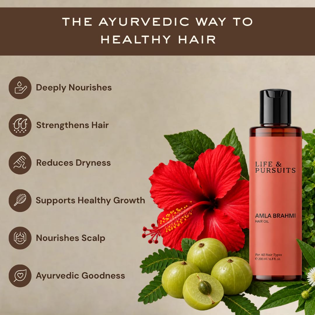 Life & Pursuits Amla Brahmi Aceite para el crecimiento del cabello 200 ml de aceite natural y orgánico para el cabello con coco ricino y sésamo para cabello fuerte y grueso (el embalaje puede variar)
