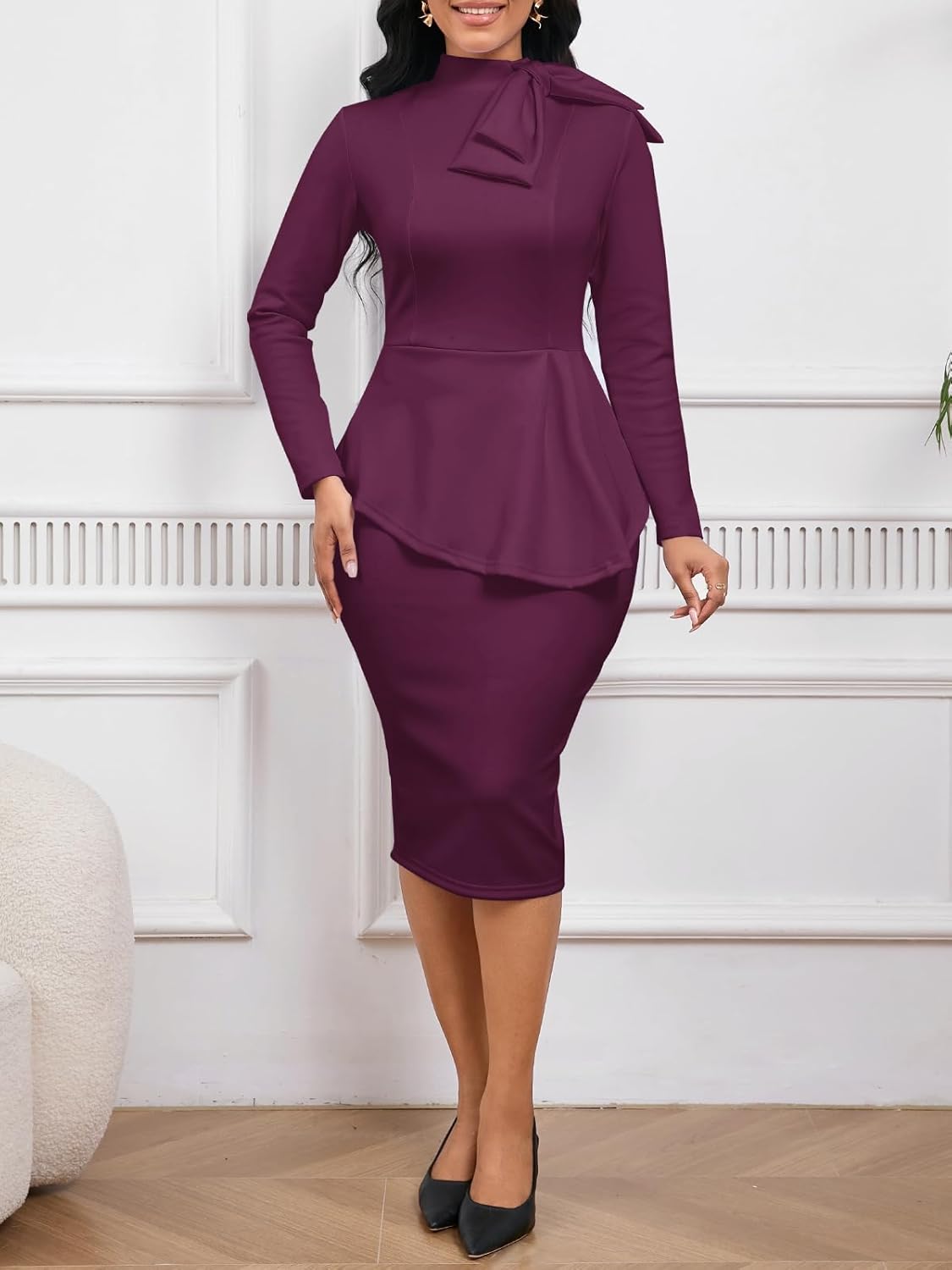 Women's Peplum Pencil Dresses Midi Bodycon Long Sleeve Crew Neck Modest Business Church Work Dress Elegant - Image 4